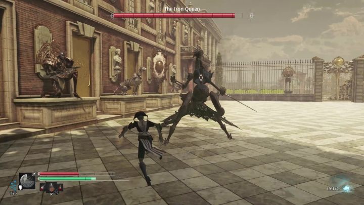 W I fazie Żelazna królowa potrafi wypluwać z siebie bomby i wypuszcza z siebie promień zadający obrażenia i pozostawiający przez jakiś czas szramę w ziemi, która zadaje obrażenia po jej przekroczeniu - Steelrising: Tytan Żelazna Królowa (The Iron Queen) - Steelrising - poradnik do gry