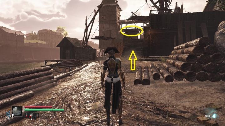 Wejdźcie po schodach, odblokujcie bramę, która tam się znajduje (kolejny skrót), a następnie wskoczcie na zaznaczoną powyżej platformę - Steelrising: Władca maszyn (The Master of the Machines) - solucja, opis przejścia - Steelrising - poradnik do gry