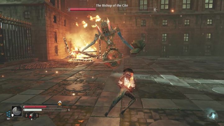 Jeżeli przeciwnikowi spadnie życie do około 3 pasków zaczyna płonąć - Steelrising: Tytan Biskup z Cite (The Bishop of the Cite) - boss, jak pokonać? - Steelrising - poradnik do gry