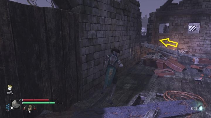 Zeskoczcie na plac (po kładce w rogu ruin, zaznaczono ją na górze), Uważajcie, bo na dole jest Kowal oraz Posłaniec - Steelrising: Cienie pałacu Luksemburskiego (The Shadows of Luxembourg) - solucja, opis przejścia - Steelrising - poradnik do gry