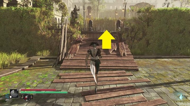 Użyjcie kładki, aby przeskoczyć przez dziurę w żywopłocie na drugą stronę drogi - Steelrising: Szach mat (Checkmate) - solucja, opis przejścia - Steelrising - poradnik do gry