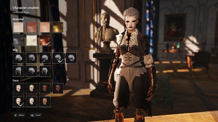 Materiał w grze Steelrising definiuje kolor i fakturę powłoki Aegis, od szyi w dół - Steelrising: Tworzenie postaci - Steelrising - poradnik do gry