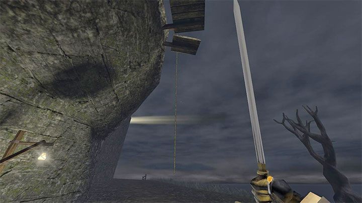 Obok chatki z fonografem znajdziecie wiszącą linę - wdrapcie się po niej na górę - Gloomwood: Croups Fishery (wioska rybacka) - solucja, opis przejścia - Gloomwood - poradnik do gry