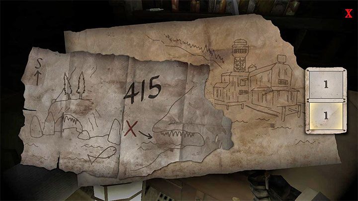 Zbadajcie plany leżące na stole - ustalicie dzięki nim, że kombinacja to 415 - Gloomwood: Sejf z jaskini obok budynku Croups Fishery - kombinacja do sejfu, zawartość - Gloomwood - poradnik do gry