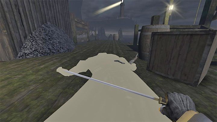 Klucz ten ma przy pasie jeden z wrogów pilnujących obszar przed głównym budynkiem - pokazuje go obrazek 1 - Gloomwood: Klucze w etapie Croups Fishery - lista sekretów - Gloomwood - poradnik do gry