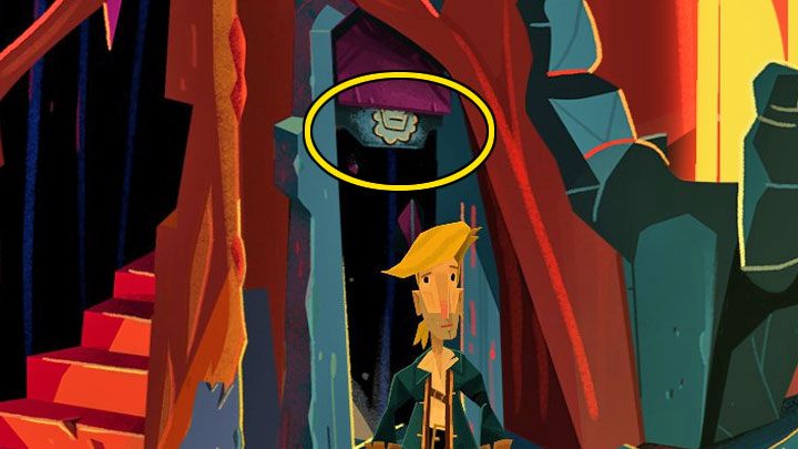 Nad drugimi kamiennymi drzwiami jest widoczna dolna część rysunku - Return to Monkey Island: Odnalezienie LeChucka (Find LeChuck) w części 5 - solucja, opis przejścia - Return to Monkey Island - poradnik do gry