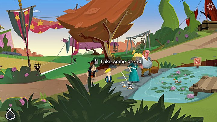 Idąc dalej w prawo dotrzecie do zbiornika z kaczką, ale nie możecie od razu podnieść chleba i jej nakarmić, bo zabroni Wam tego przebywające tu małżeństwo - Return to Monkey Island: Prolog (Prelude) - solucja, opis przejścia - Return to Monkey Island - poradnik do gry