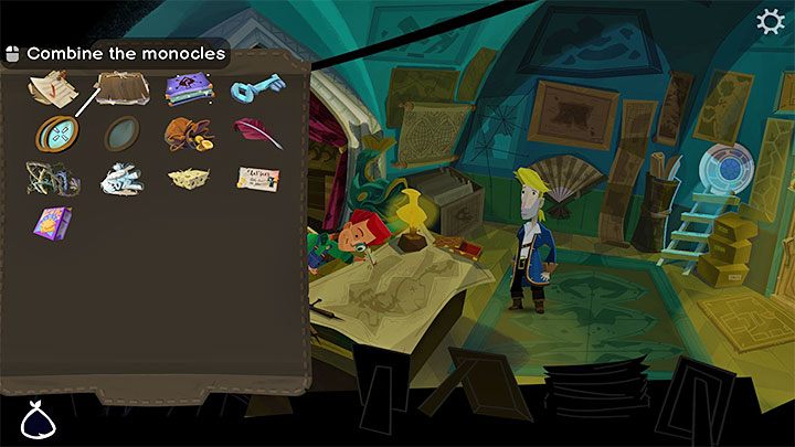 Otwórzcie inwentarz i połączcie ze sobą oba monokle - Return to Monkey Island: Zdobycie przebrania (Get a disguise) - solucja, opis przejścia - Return to Monkey Island - poradnik do gry