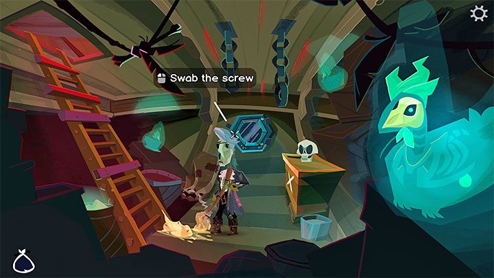 Musicie używać natłuszczonego mopa na śrubach (Screws) otaczających okienko (Porthole) - Return to Monkey Island: Dopłynięcie do Małpiej Wyspy (Sail to Monkey Island) - solucja, opis przejścia - Return to Monkey Island - poradnik do gry