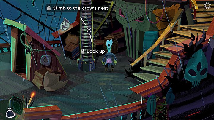 Udajcie się w prawo i wybierzcie opcję wdrapania się na maszt (Crows Nest), który nie jest już pilnowany - Return to Monkey Island: Dopłynięcie do Małpiej Wyspy (Sail to Monkey Island) - solucja, opis przejścia - Return to Monkey Island - poradnik do gry