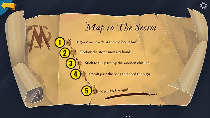 Waszym aktualnym celem misji jest odnalezienie Sekretu Małpiej Wyspy (Secret of Monkey Island) i ma do niego prowadzić mapa LeChucka (LeChucks map), którą ukradliście z jego kajuty w części 2 - Return to Monkey Island: Znalezienie Sekretu z mapy (Follow LeChucks map to the Secret) - solucja, opis przejścia - Return to Monkey Island - poradnik do gry