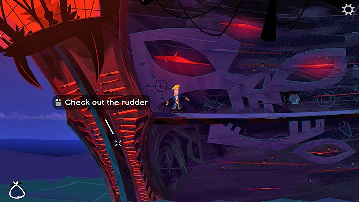 Ponownie wdrapcie się na górę dzięki kotwicy, ale tym razem przemieśćcie się w lewo, do steru (Rudder) i uwięzionego w nim Gulleta - Return to Monkey Island: Poznanie sekretów LeChucka (Learn LeChucks secrets) - solucja, opis przejścia - Return to Monkey Island - poradnik do gry