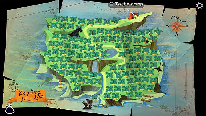 Odwiedźcie wyspę Scurvy Island i po wyświetleniu jej mapy dotrzyjcie do obozowiska (Camp) - Return to Monkey Island: Złoty klucz Bella Fisher (Bella Fishers Golden Key) - solucja, opis przejścia - Return to Monkey Island - poradnik do gry