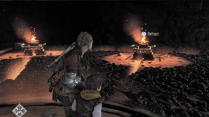 Pomóżcie sobie teraz pryzmatem i załamywaniem światła - najpierw dotrzyjcie do środkowego wagonika z powyższego obrazka i następnie do lewego - Plague Tale Requiem: Eksploracja podziemnej lokacji (Explore the underground area) - solucja, opis przejścia - A Plague Tale Requiem - poradnik do gry