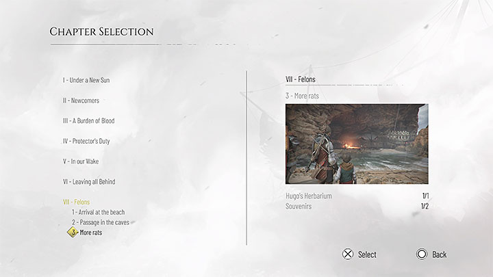 Przy wyborze rozdziału możecie dowiadywać się o znalezionych głównych sekretach - herbarium Hugo i pamiątkach - Plague Tale Requiem: Czy jest dostępy wybór rozdziału (Chapter Select)? - A Plague Tale Requiem - poradnik do gry