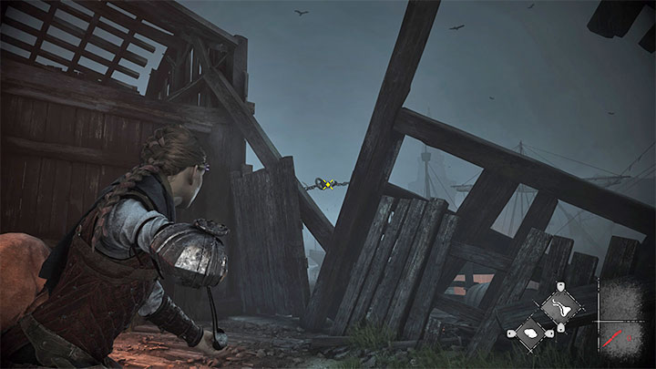 W trakcie przeprawy zlokalizujcie zaczep po prawej stronie - pokazuje go powyższy obrazek - Plague Tale Requiem: Rozdział 4 (Obowiązek opiekunki) - lista sekretów - A Plague Tale Requiem - poradnik do gry