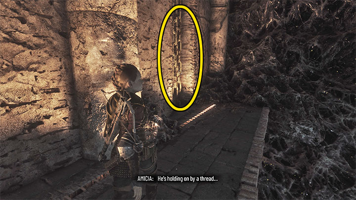 Amicia musi ponownie trafić z procy w zaczep i podnieść drugi fragment mostu - Plague Tale Requiem: Sekretne skrzynie z rozdziału 11 (Kołyska stuleci) - lista - A Plague Tale Requiem - poradnik do gry