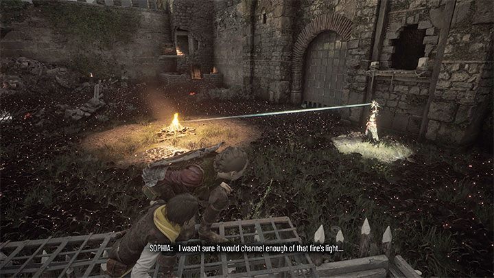 Pojawi się Sophia i od tej pory będzie ona mogła używać pryzmatu na źródłach światła po to żeby znaleźć się w bezpiecznym oświetlonym okręgu - Plague Tale Requiem: Przetrwanie ataku (Survive the assault) - solucja, opis przejścia - A Plague Tale Requiem - poradnik do gry