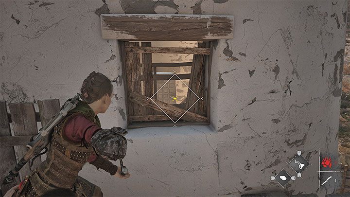Ustawcie się przy górnym otworze i wycelujcie z procy w zaczep na drzwiach - Plague Tale Requiem: Opcjonalna zagadka z wiatrakami w rozdziale 9 - jak zdobyć karwasz? - A Plague Tale Requiem - poradnik do gry