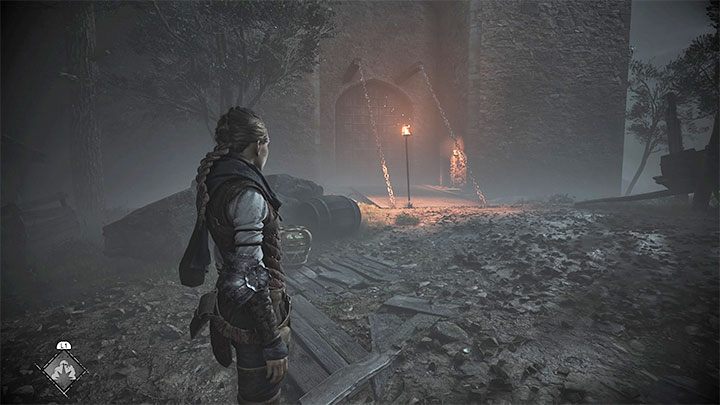 Musicie kierować się w stronę zamkowych murów zlokalizowanych na przeciwległym końcu lokacji z wielkim ogniskiem - Plague Tale Requiem: Dotarcie do Josepha (Get to Joseph at the pontoon) - solucja, opis przejścia - A Plague Tale Requiem - poradnik do gry