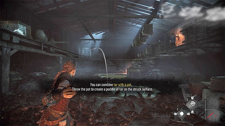 Zgodnie z kolejnym poleceniem rzuććie naczyniem ze smołą pomiędzy dwa zbiorniki - pokazuje to powyższy obrazek - Plague Tale Requiem: Znalezienie łodzi Zakonu (Find the Orders boat) - solucja, opis przejścia - A Plague Tale Requiem - poradnik do gry