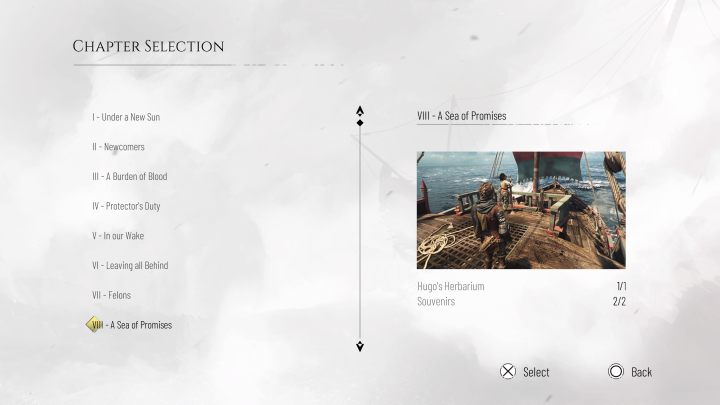 Swoje postępy możecie śledzić dzięki opcji Wybór rozdziału (Chapter Selection) z menu głównego - Plague Tale Requiem: Pamiątki, herbarium Hugo, sekretne skrzynie - lista wszystkich sekretów - A Plague Tale Requiem - poradnik do gry