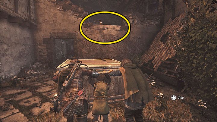 Wózek można przepchnąć w dwa różne miejsca i najpierw musicie dotrzeć z nim do opcjonalnej wyższej półki pokazanej na dołączonym obrazku - Plague Tale Requiem: Rozdział 13 (Nic nie zostało) - lista sekretów - A Plague Tale Requiem - poradnik do gry