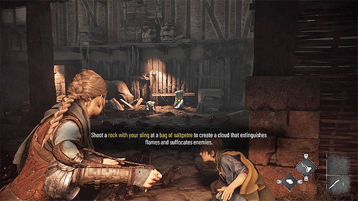W kolejnym obszarze musicie najpierw zrzucić mięso trafiając w nie procą, a następnie użyć procy na worku saletry - Plague Tale Requiem: Opuszczenie miasta (Exit the city) - solucja, opis przejścia - A Plague Tale Requiem - poradnik do gry