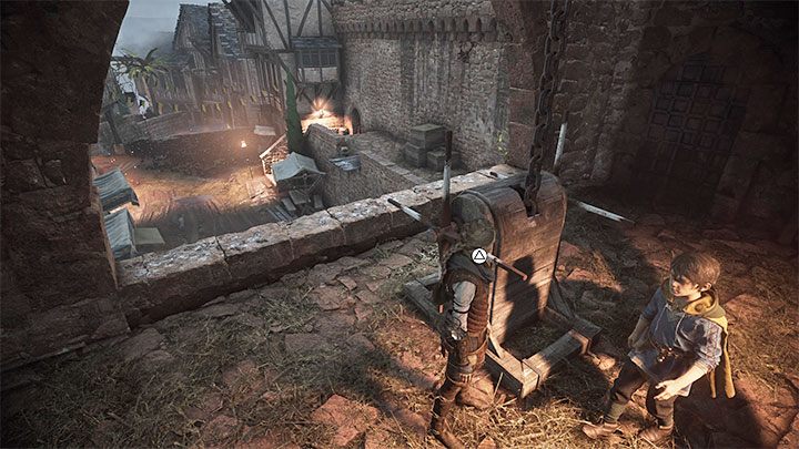 Dotrzyjcie do zakręcanych schodów prowadzących do mechanizmu podnoszenia bramy - Plague Tale Requiem: Opuszczenie miasta (Exit the city) - solucja, opis przejścia - A Plague Tale Requiem - poradnik do gry
