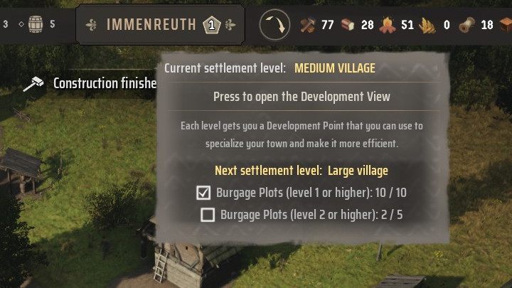 Aktualny poziom swojej wioski sprawdzicie najeżając kursorem na nazwę osady na górnej belce - Manor Lords: Jak levelować wioskę? - Manor Lords - poradnik do gry