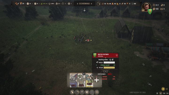 By podejrzeć wymagania i zrekrutować oddziały milicji, kliknijcie ikonę skrzyżowanych mieczy opisaną jako Armia z panelu na dole ekranu - Manor Lords: Jak rekrutować wojska? - Manor Lords - poradnik do gry