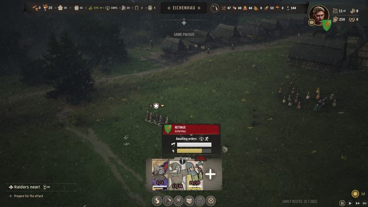 Poza oddziałami milicji, do walki w Waszym imieniu stanie również świta, w skład której wejdą zawodowi żołnierze w służbie władcy - Manor Lords: Jak rekrutować wojska? - Manor Lords - poradnik do gry