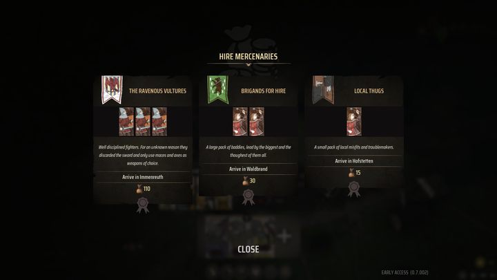 Znajdziecie tutaj oferty 3 różnych drużyn, wraz z ich nazwami, specjalizacjami oraz krótkim opisem - Manor Lords: Jak rekrutować wojska? - Manor Lords - poradnik do gry