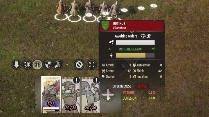 Reprezentowane przez żółty pasek obok symbolu pioruna w menu kontekstowym jednostki - Manor Lords: Czym jest siła bojowa jednostek? - Manor Lords - poradnik do gry