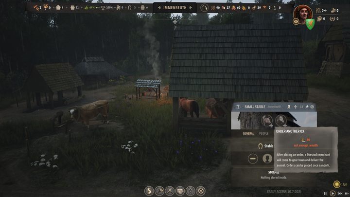 Wół pomiędzy kolejnymi zadaniami spędza czas przywiązany do sprzężaja - Manor Lords: Jak zarządzać ludźmi? - Manor Lords - poradnik do gry