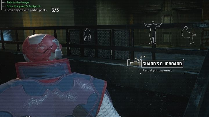 Następnie przeskanujcie odcisk stopy przed drzwiami, gdzie ukrywa się strażnik i prawniczka - Gotham Knights: Rozdział Mr. Freeze - solucja, opis przejscia - Gotham Knights - poradnik do gry