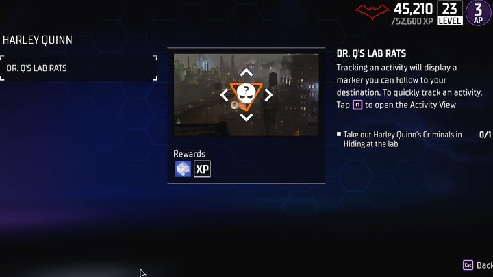 By kontynuować wątek, musicie ukończyć dwie większe aktywności w mieście, oznaczone symbolami z pomarańczową ramką - Gotham Knights: Rozdział Harley Quinn - solucja, opis przejścia - Gotham Knights - poradnik do gry