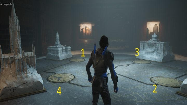 Kolejne pomieszczenie to prosta zagadka: musicie nacisnąć złote płyty na podłodze w takiej kolejności, w jakiej wybudowano budynki stojące przy płytach - Gotham Knights: Maskarada (The Masquerade) - solucja, opis przejścia - Gotham Knights - poradnik do gry