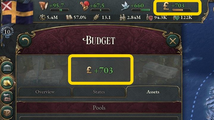 Wszystkie wydatki i przychody Waszego Państwa są zliczane na koniec tygodnia i zostają przedstawione jako saldo (Balance) - Victoria 3: Finanse - pieniądze, rezerwy złota - Victoria 3 - poradnik do gry