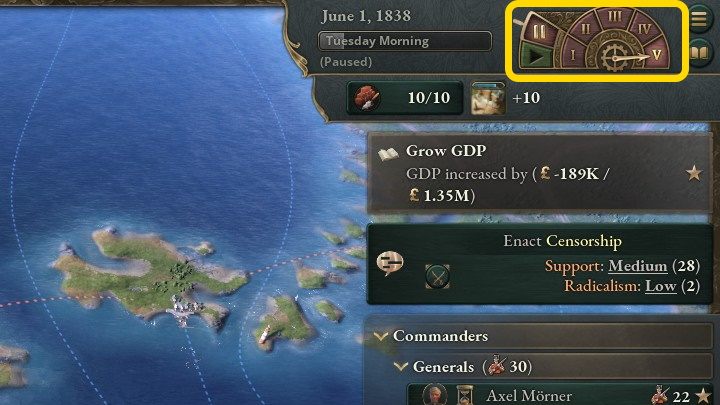 W prawym górnym rogu ekranu znajdziecie wskaźnik informujący, z jaką prędkością toczy się gra - Victoria 3: Jak zmienić prędkość gry? - Victoria 3 - poradnik do gry