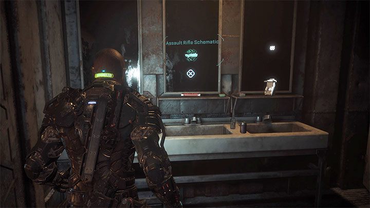 Poszukiwany schemat leży na półce przed lustrem - Callisto Protocol: Schemat karabinu szturmowego (Assault Rifle) - sekrety, znajdźki - The Callisto Protocol - poradnik do gry