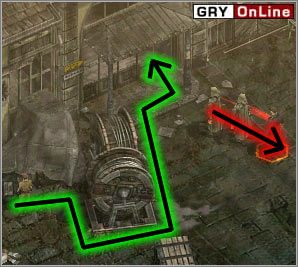 Przebierz szpiega w mundur oficera i zagadaj pokazanych na obrazku powyżej żołnierzy - tak, by patrzyli w miejsce wskazane czerwoną strzałką - [EUROPA ŚRODKOWA] Misja 01 cz.5 - Commandos 3: Kierunek Berlin - poradnik do gry