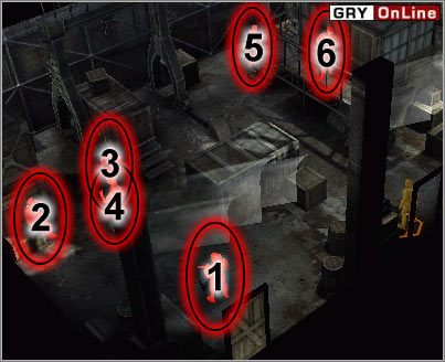 Jest tutaj dwóch żołnierzy z bronią (1 i 5) oraz czterech robotników (2, 3, 4 i 6) - [NORMANDIA] Misja 02 cz.3 - Commandos 3: Kierunek Berlin - poradnik do gry