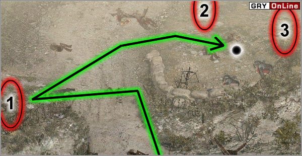 Jeśli wcześniej nie biegłeś, tylko się czołgałeś, to żaden z powyżej zaznaczonych przeciwników pewnie cię nie zauważył - i nie będzie także patrzył w twą stronę teraz - [NORMANDIA] Misja 03 cz.1 - Commandos 3: Kierunek Berlin - poradnik do gry