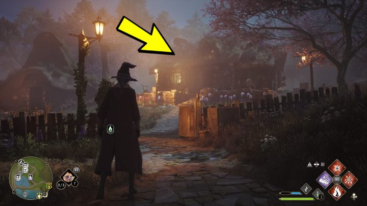 Kolejny posążek jest w domu po lewej stronie od punktu szybkiej podróży w Dolnym Hogsfield (Lower Hogsfield) - Hogwarts Legacy: Posążki demimoza (Demiguise Statues) - Highlandy - Hogwarts Legacy - poradnik do gry