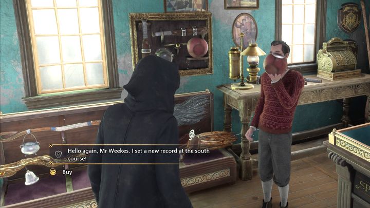 Powróćcie do sklepu z miotłami w Hogsmeade żeby podzielić się wrażeniami z lotu z Weekesem (pierwsza opcja dialogowa) - Hogwarts Legacy: Sięgając nieba (The Sky is the Limit) - Hogwarts Legacy - poradnik do gry