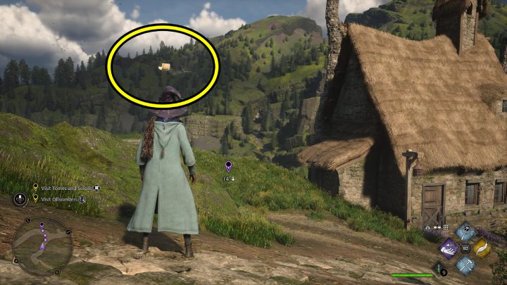 Następna fruwająca strona Flying Guide Page #15 (Hogsmeade) jest przy małej chatce niedaleko koła wodnego w północnej części wioski - Hogwarts Legacy: Strony przewodnika (Field Guide Pages) część 2 - Hogsmeade - Hogwarts Legacy - poradnik do gry