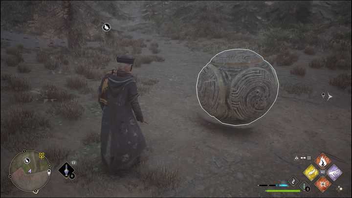 Po prawej stronie od miejsca, które aktywuje Łamigłówkę Merlina znajduje się wielka kamienna kula - Hogwarts Legacy: Dolina Hogsmeade - wszystkie Łamigłówki Merlina - Hogwarts Legacy - poradnik do gry