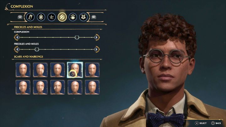 Ta zakładka kreacji nowej postaci w grze Dziedzictwo Hogwartu pozwala graczom na zmianę cery postaci, w tym piegi i pieprzyki, a także blizny i znamiona (dostępne są różne kształty, na prawą i lewą stronę twarzy) - Hogwarts Legacy: Kreator postaci - Hogwarts Legacy - poradnik do gry