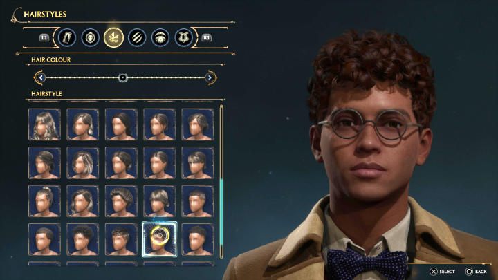 W tej zakładce kreatora postaci możecie zdecydować się na jedną z dziesiątek gotowych fryzur, od krótkich włosów, poprzez dłuższe włosy, proste lub kręcone - Hogwarts Legacy: Kreator postaci - Hogwarts Legacy - poradnik do gry